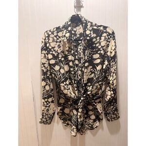 Fashion Nova Black White Floral Sheer Tie Front Button Down‎ Blouse Medium